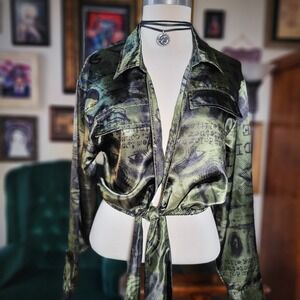 JOLIE & JOY Womens Green Printed Tie Front Long Sleeve Blouse - Large